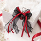 Lace Bow Bag Charm Keychain with Cherry Accent and Metal Ring Clasp
