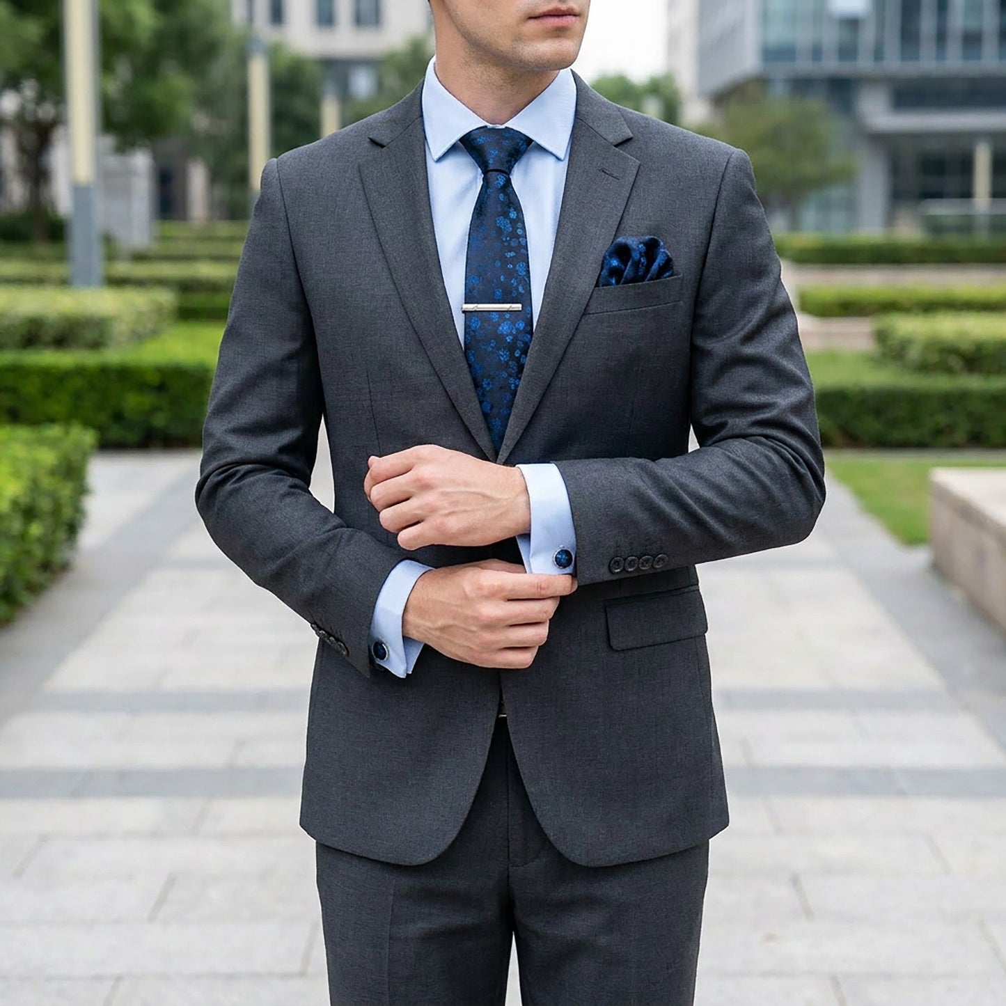 Men's Floral Print Tie Gift Set with Matching Pocket Square Cufflinks and Silver Tie Clip