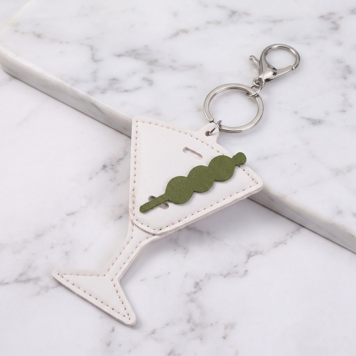 2-Piece Womens Faux Leather Bag Charm Keychain with Metal Clip Ring and Stitched Detail