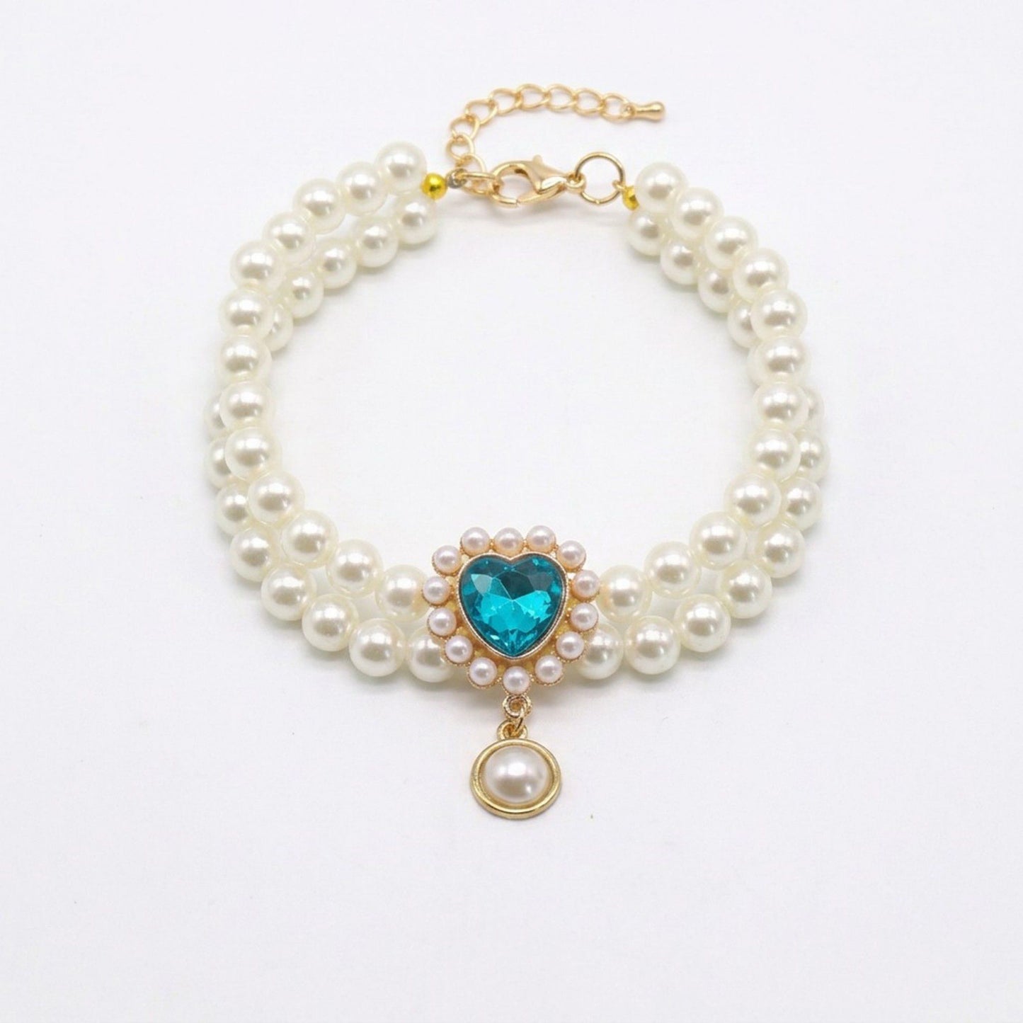 Double Strand Faux Pearl Pet Necklace Heart Gem Pendant Adjustable Collar Jewelry for Cats and Small Dogs