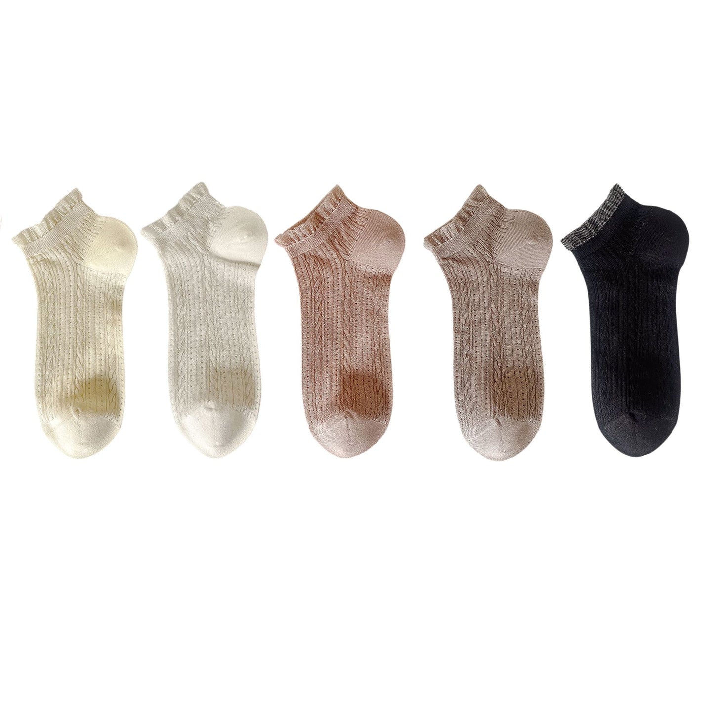 5 Pairs Ruffle Cuff Lace Knit Ankle Socks Breathable Soft Stretch Fabric with Multiple Color Options