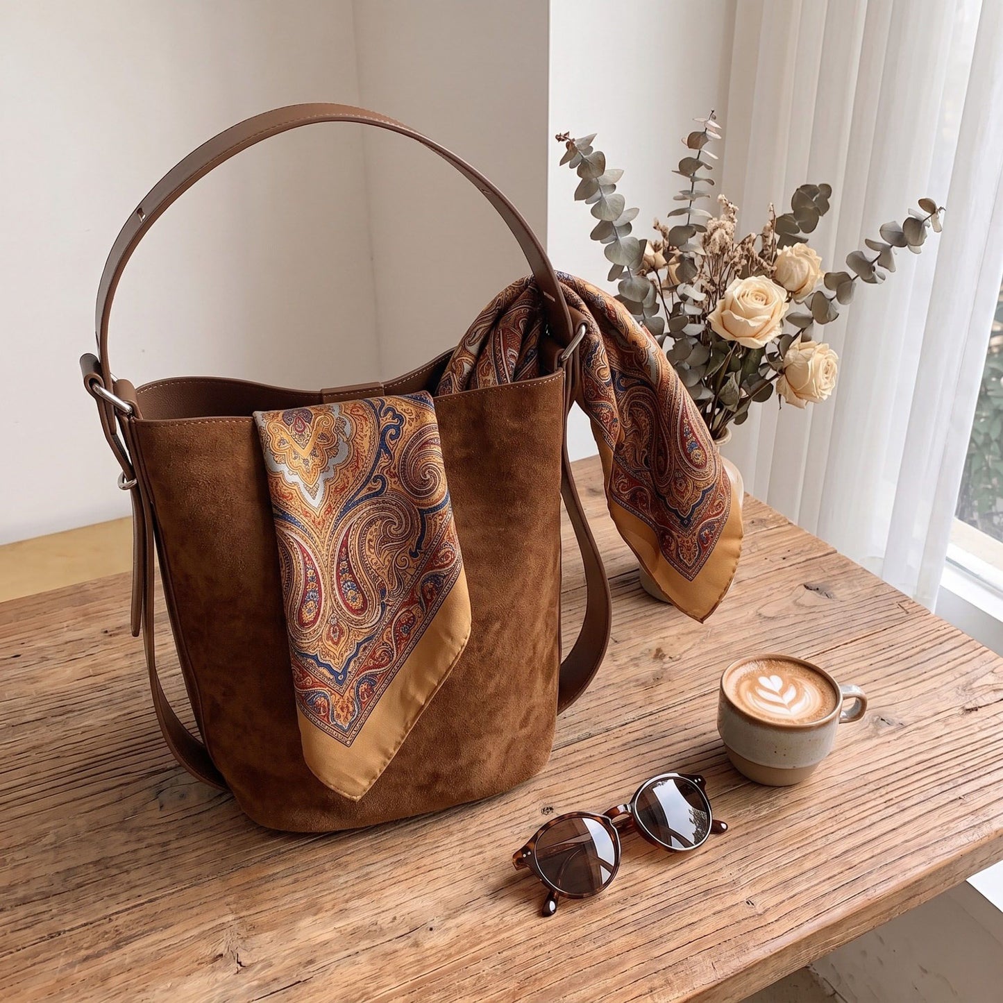 Suede Look Bucket Shoulder Bag with Adjustable Wide Strap