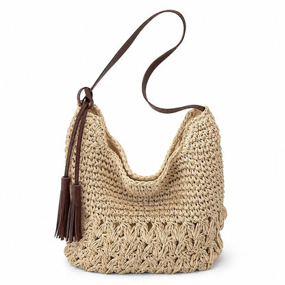Woven Hobo Shoulder Bag with Magnetic Closure and Slouchy Straw Style Texture