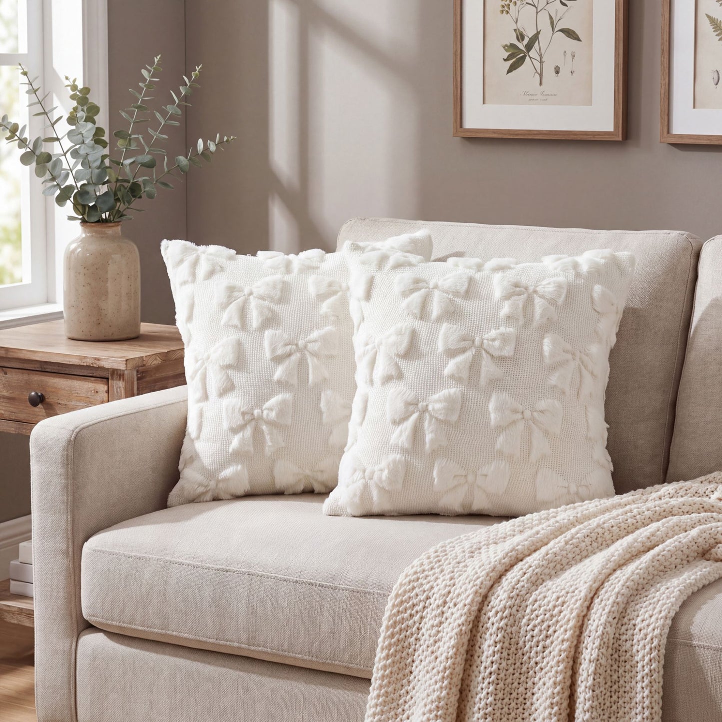 Plush Bow Textured Throw Pillow Cover Soft Decorative Cushion Cover for Sofa Bed Chair