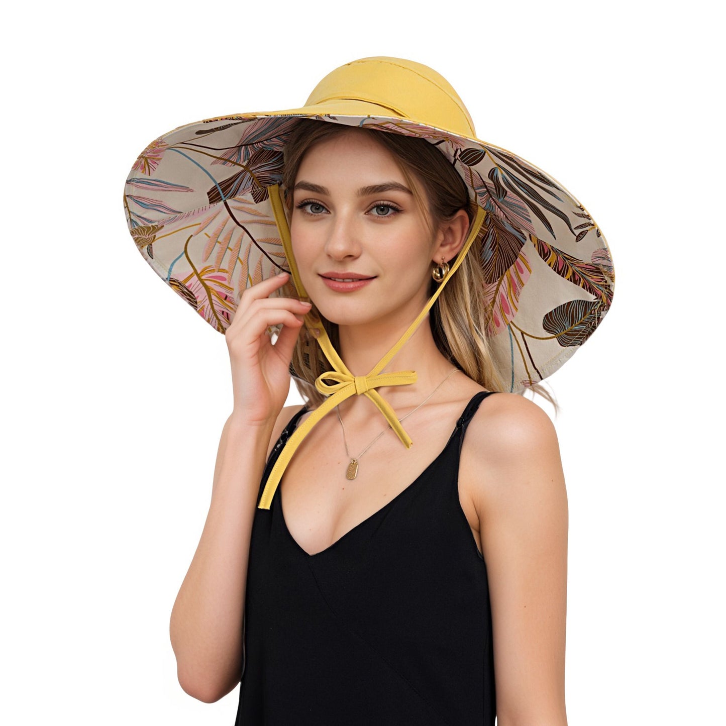 Wide Brim Sun Hat with Ponytail Hole Neck Tie Closure and Patterned Lining for UV Protection and Outdoor Style