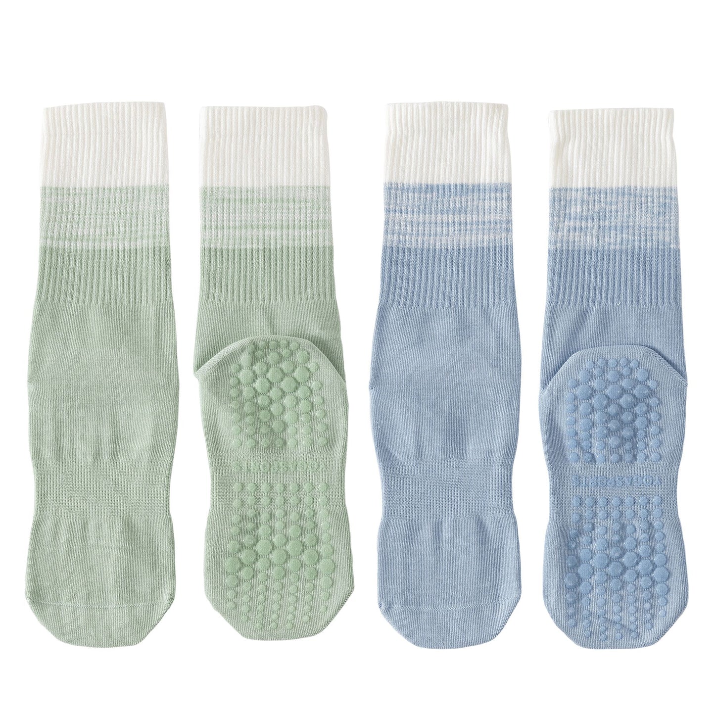 2-Pair Set Gradient Mid-Calf Grip Socks with Soft Seamless Toe and Anti-Slip Bottom for Yoga or Sneakers