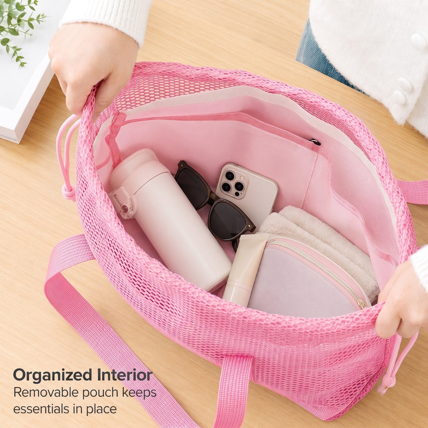 Mesh Drawstring Tote Bag with Carry Handles and Organizer Pouch