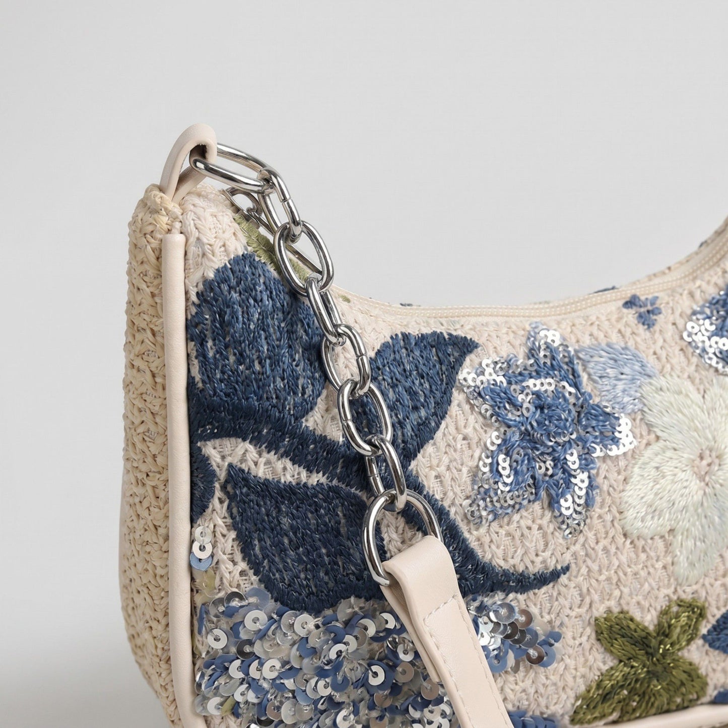Floral Embroidered Shoulder Bag with Sequin Accents Chain Strap Detail Crescent Handbag 10x5x2.5 in