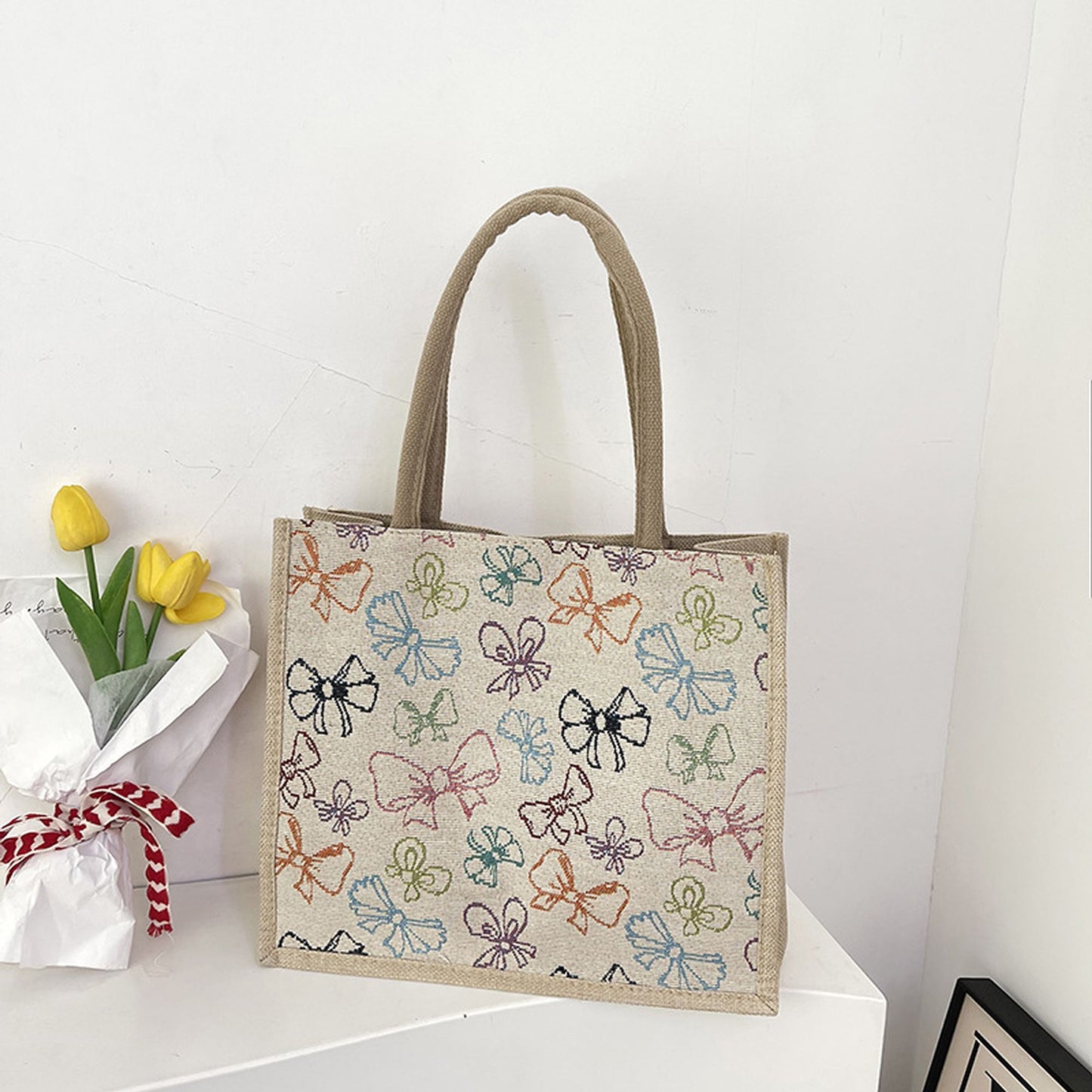 Canvas Tote Bag with Colorful Bow Print - Lightweight Shopping Handbag