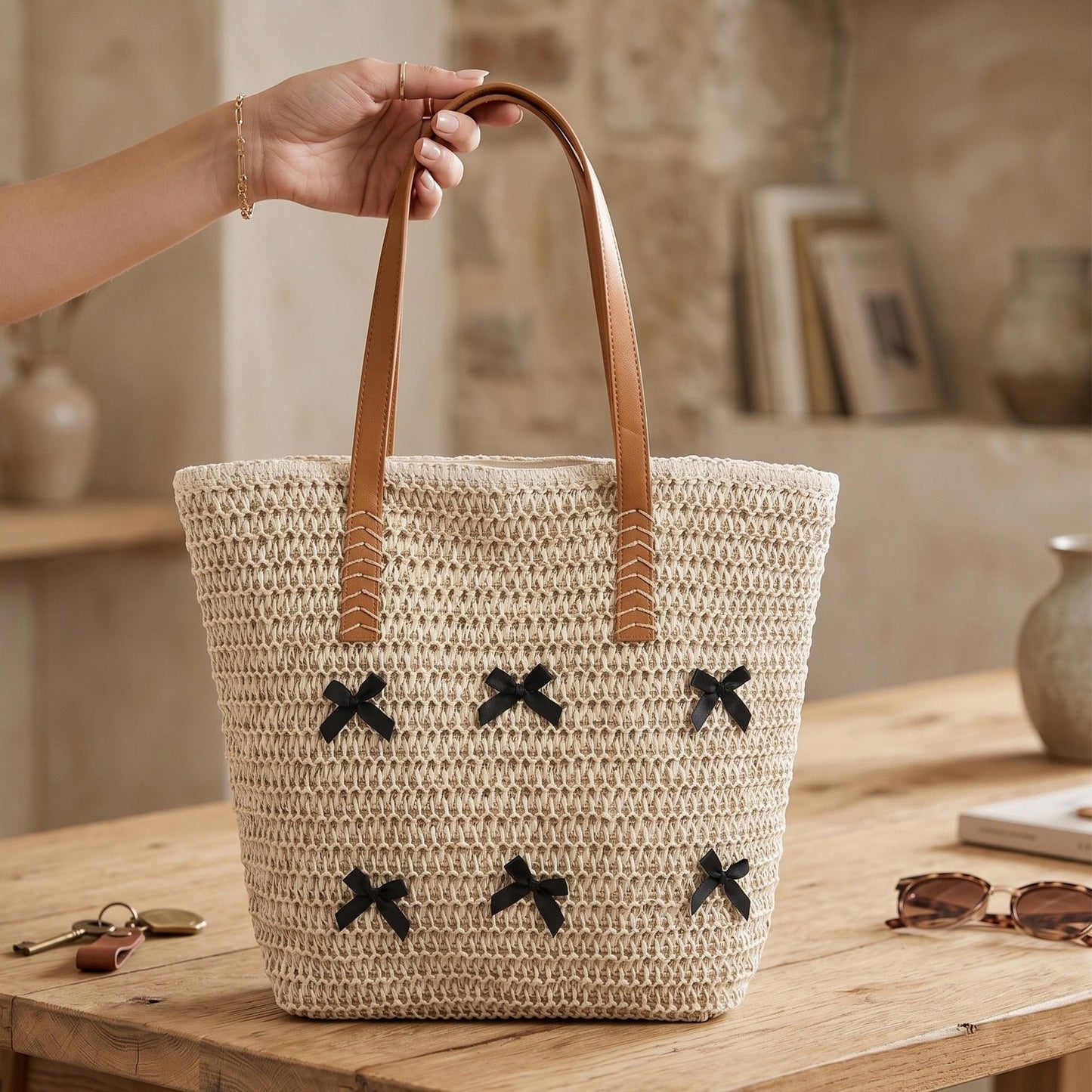 Woven Crochet Tote Bag with Bow Detail Leather Strap Shoulder Handbag Lightweight Knit Large Tote
