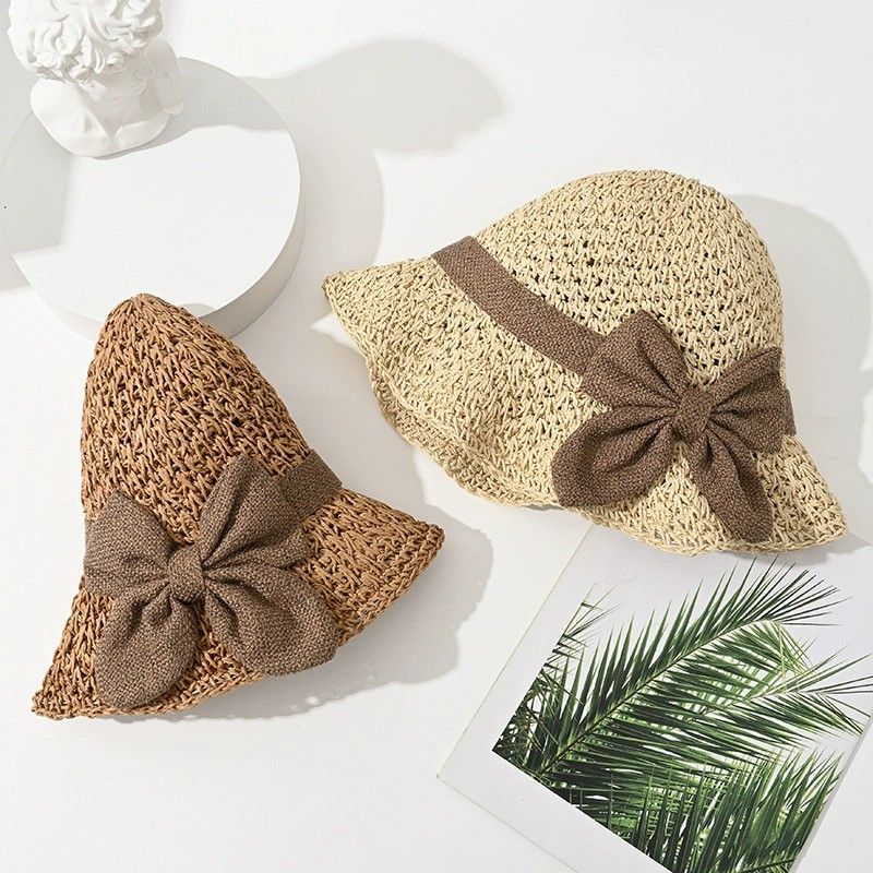 Straw Sun Hat Wide Brim Bowknot Summer Beach Bucket Hat Lightweight