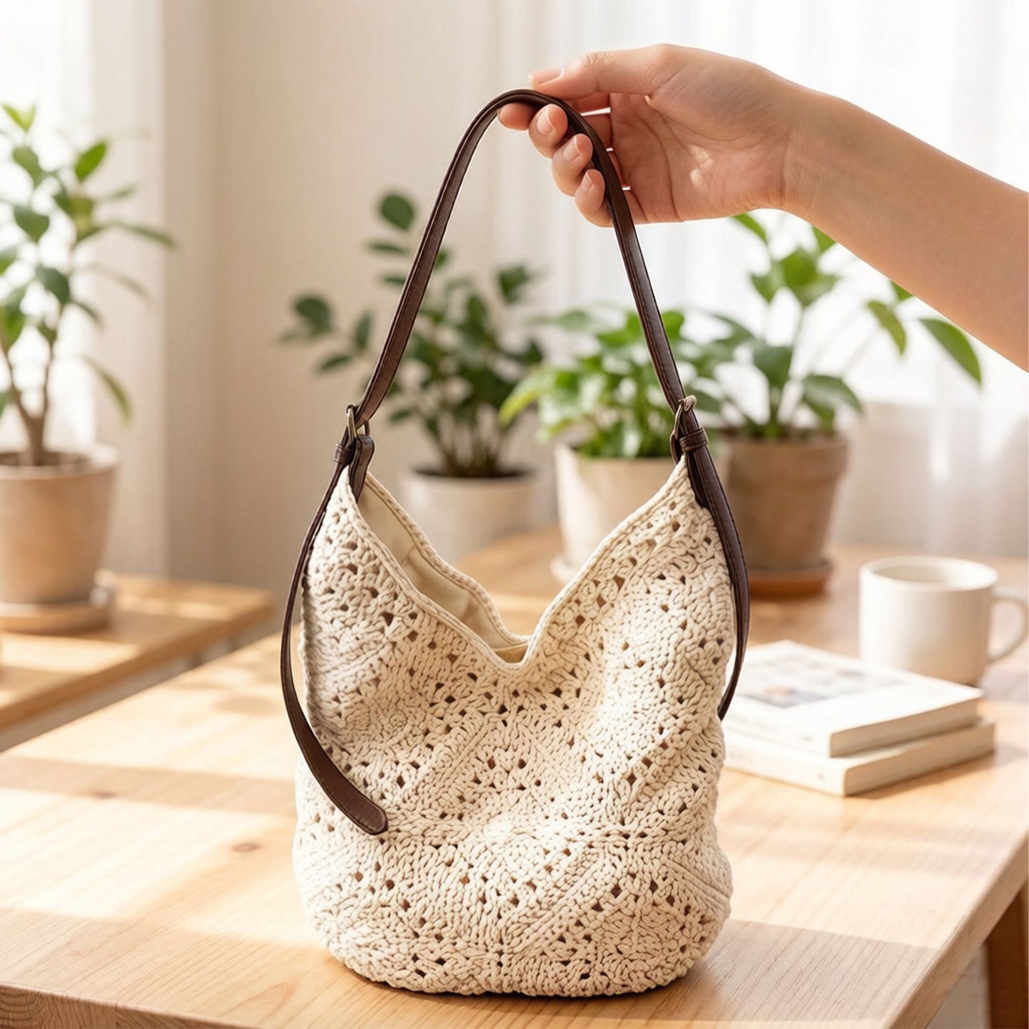 Crochet Shoulder Hobo Bag with Adjustable Strap Soft Knit Slouchy Handbag Casual Everyday Tote