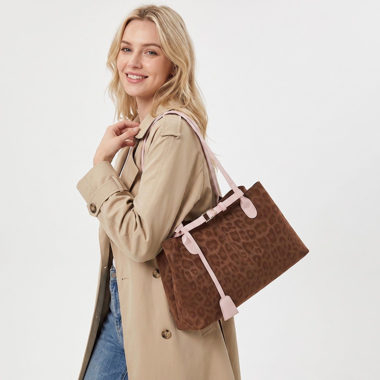 Leopard Print Shoulder Tote Bag with Magnetic Closure Buckle Detail and Tassel