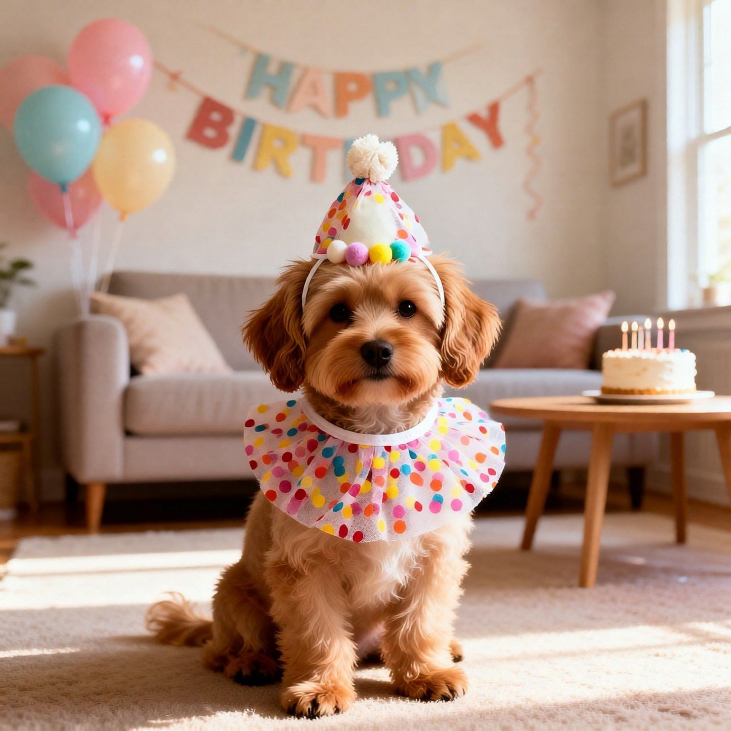 Pet Birthday Hat and Polka Dot Tulle Collar Set Colorful Party Costume Accessory