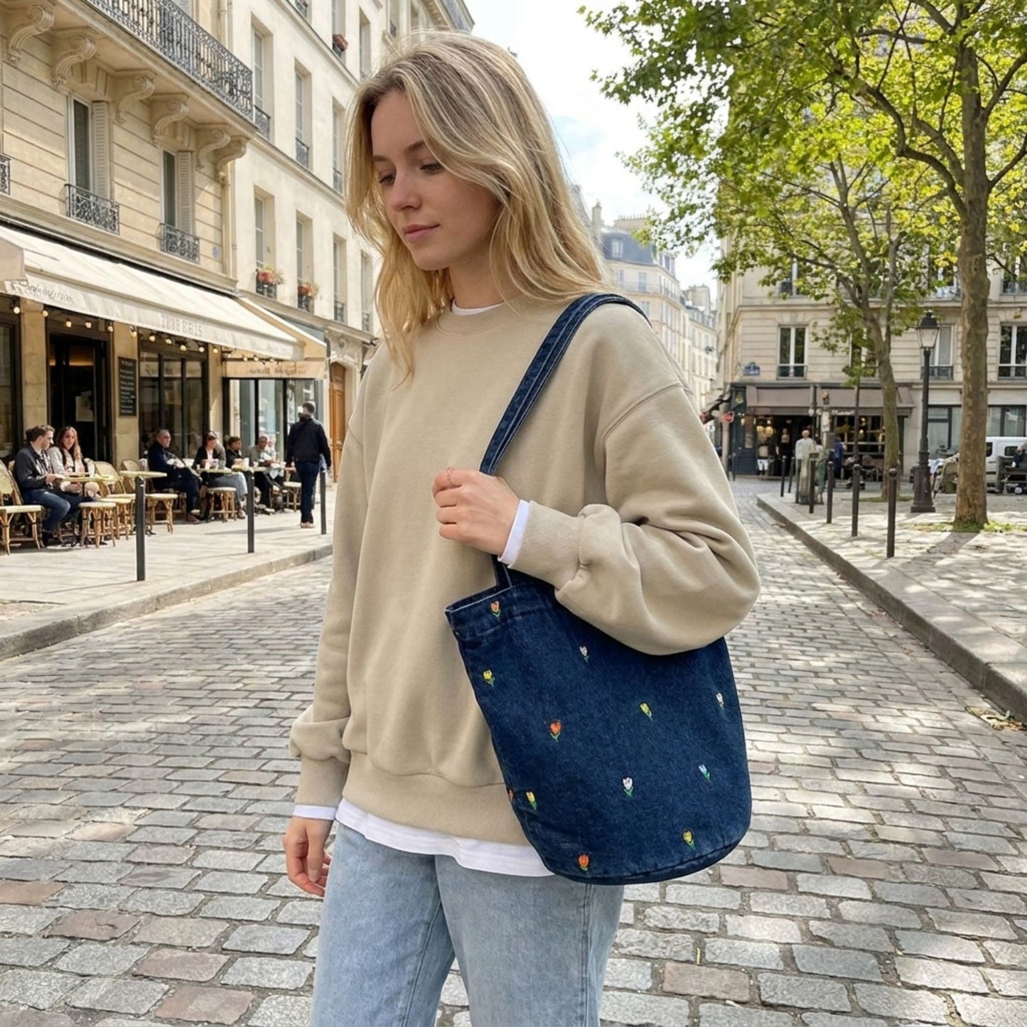 Embroidered Floral Bucket Tote Bag with Shoulder Handles