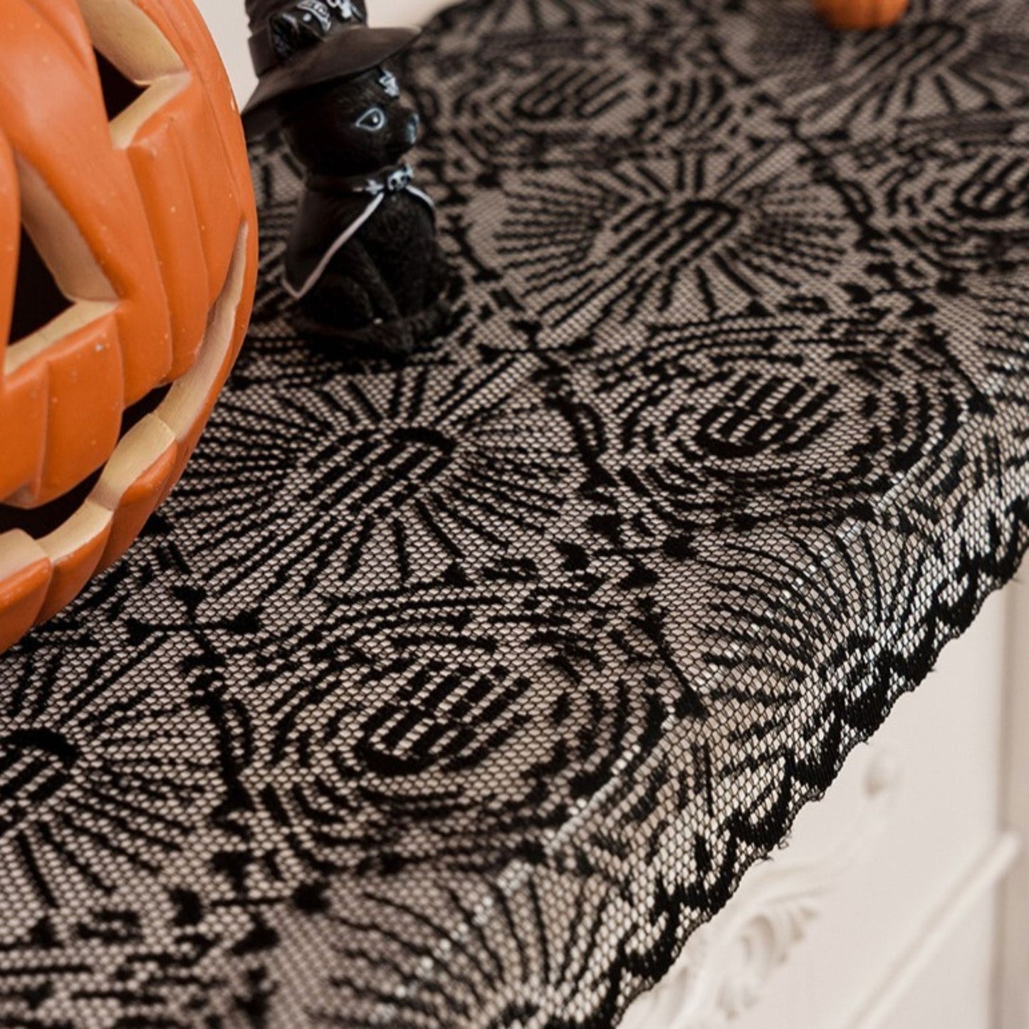 Halloween Black Lace Skull Cutout Table Runner