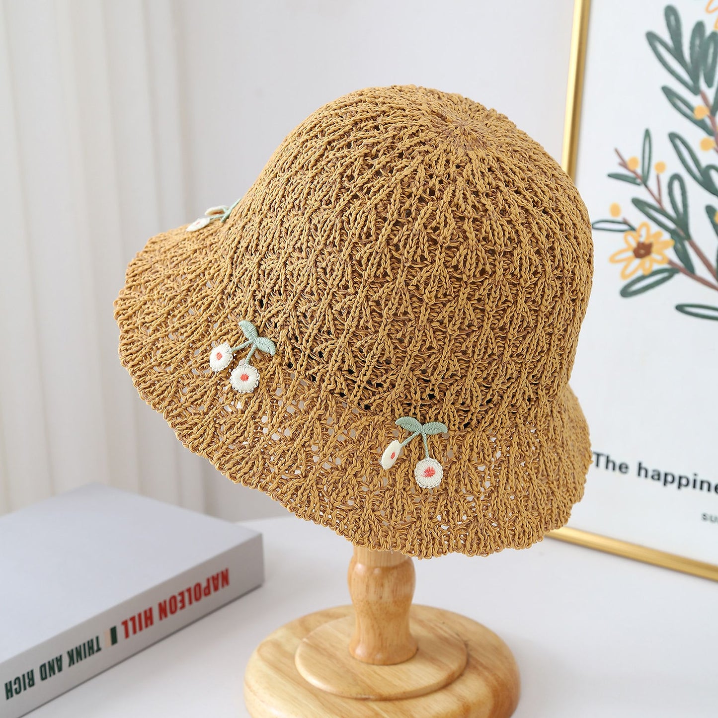 Crochet Straw Sun Hat with Cherry Accents