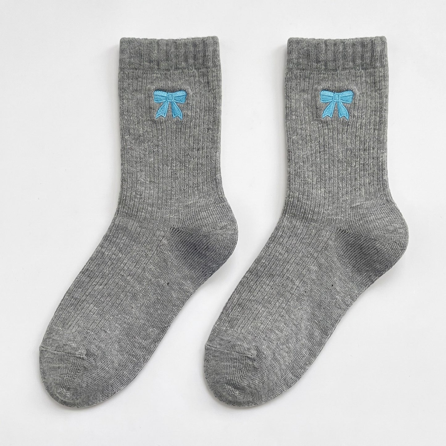 3-Pair Bow Embroidered Crew Socks Set, Ribbed Knit Casual Hosiery