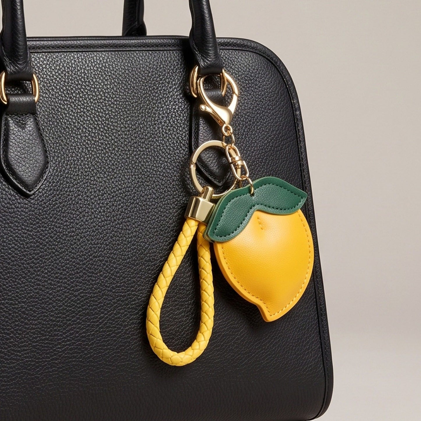 Peach Bag Charm with Braided Leather Loop and Gold Tone Hardware