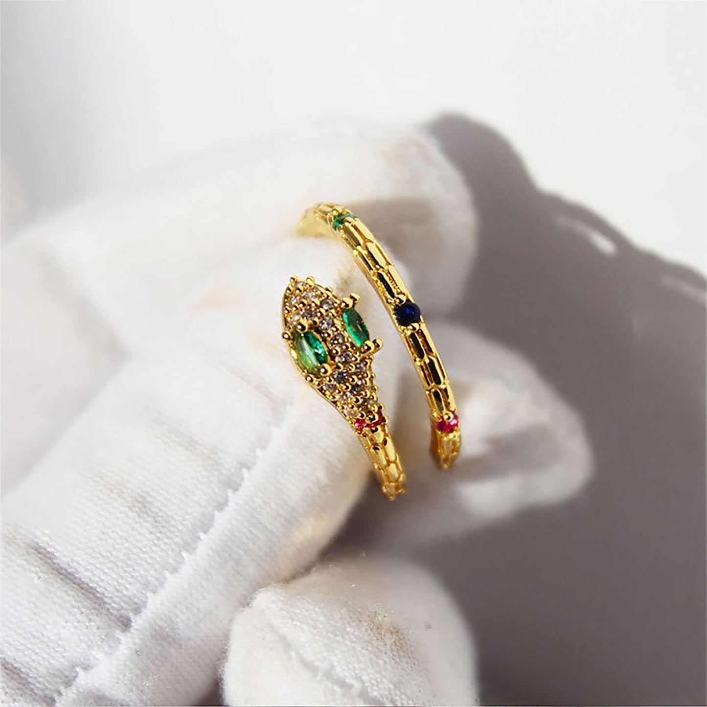 Women's Snake Statement Ring with Multi-Color Crystals - Adjustable Brass Animal Ring