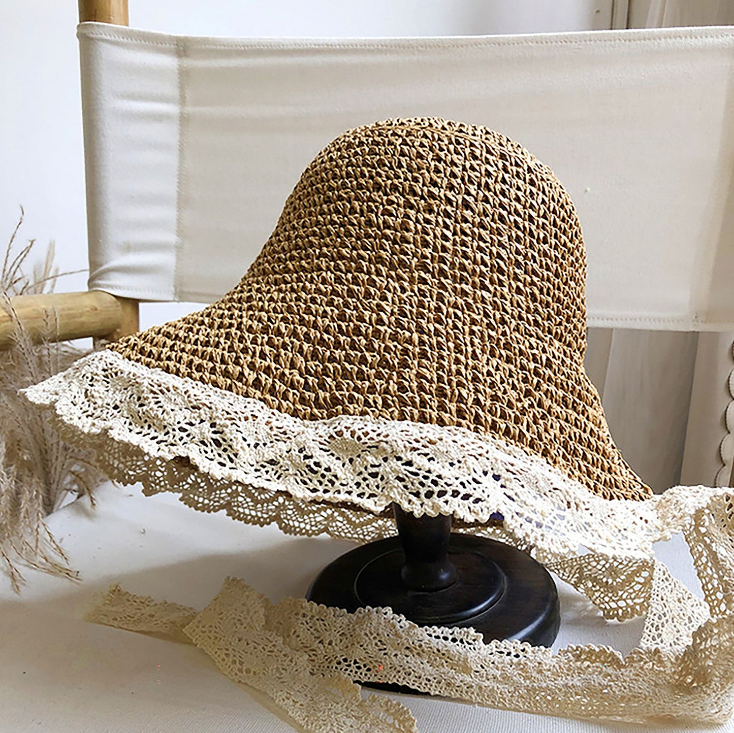 Women's Crochet Straw Hat with Lace Trim and Bow Detail