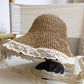 Women's Crochet Straw Hat with Lace Trim and Bow Detail