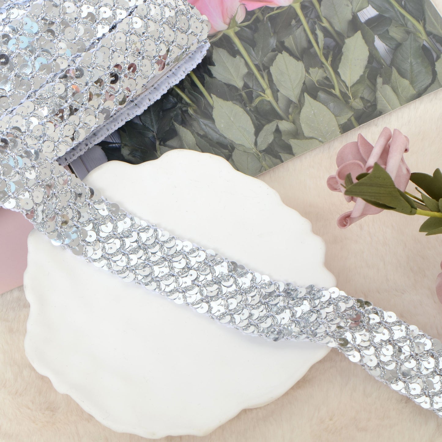 Sewing Sequin Trim 1.2 Inch 6 Row, 25 Yards Glitter Sequin Strip Ribbon Metallic Stretch Bling Fabric DIY Craft Decoration