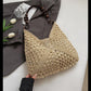 Woven Straw Hobo Bag with Wooden Handle Bead Accents and Spacious Interior