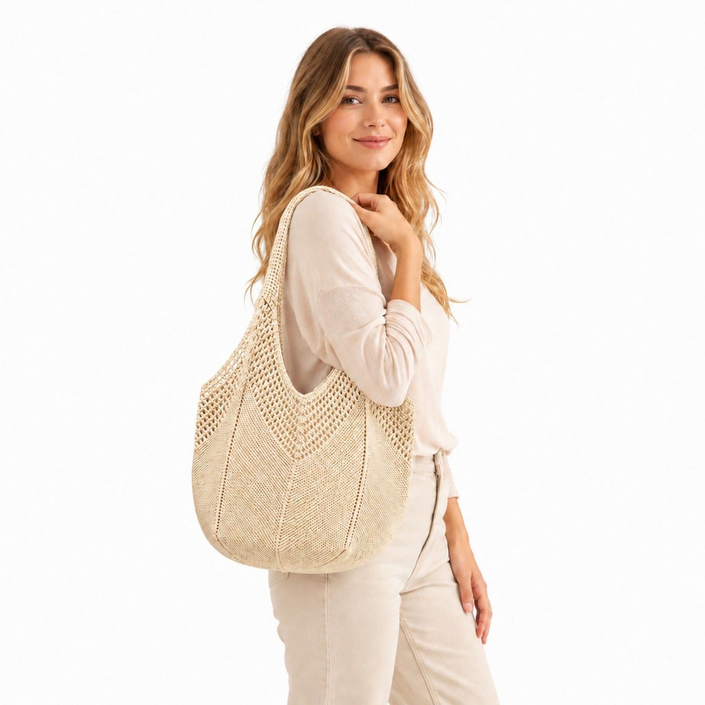 Crochet Knit Tote Bag Openwork Shoulder Bag with Heart Inspired Detail