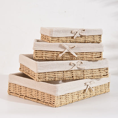 4 Piece Woven Storage Basket Set with Fabric Lining and Bows