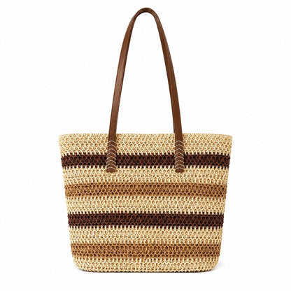 Coastal Stripe Woven Tote Bag with Zip Top Shoulder Handles and Slip Pocket