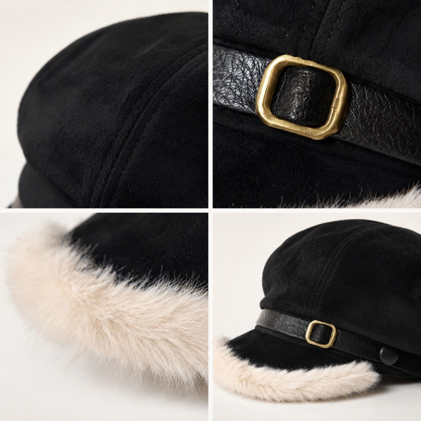 Faux Suede Newsboy Cap with Faux Fur Trim
