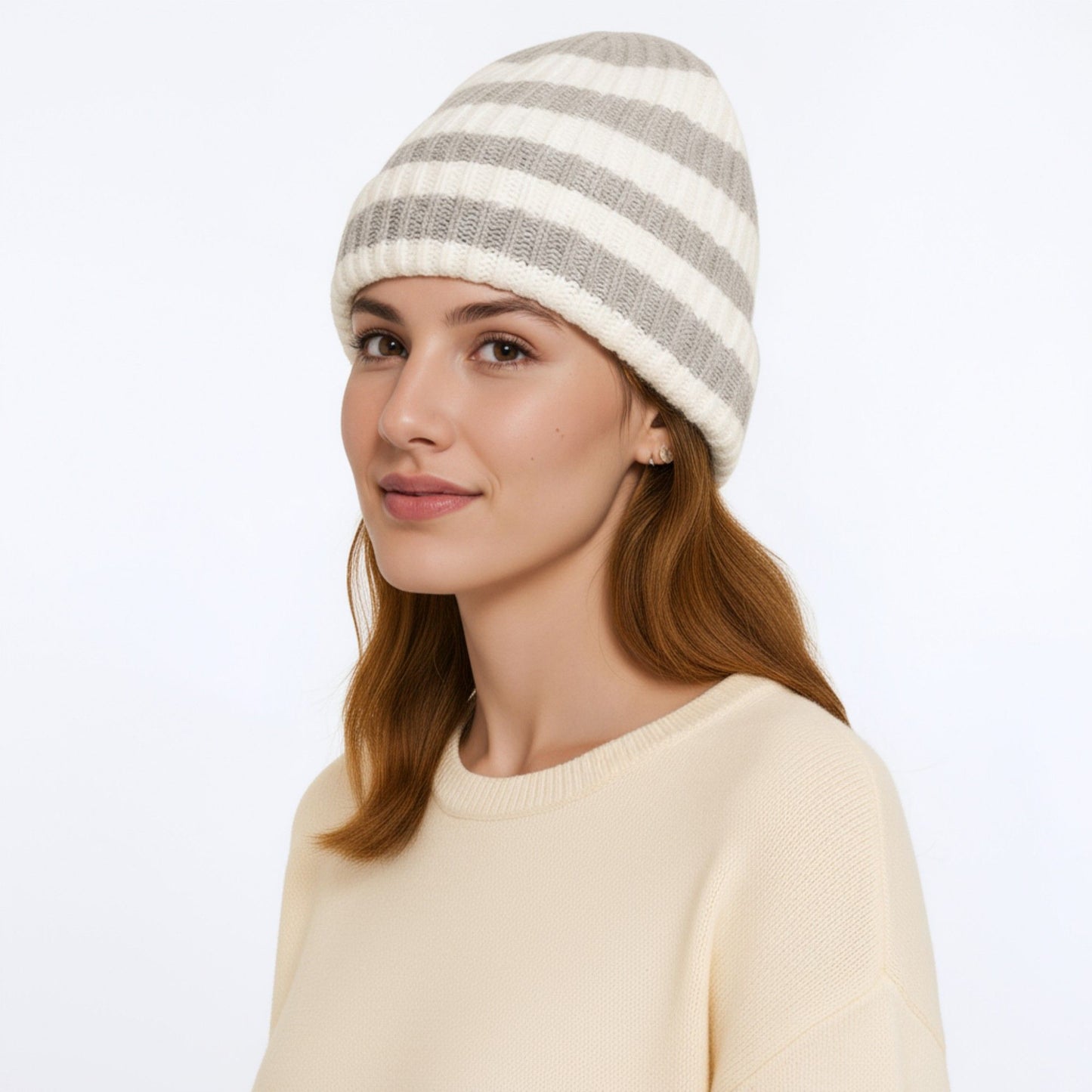Unisex Striped Knit Beanie Hat Cuffed Warm Winter Cap