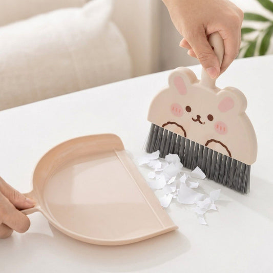 2-Piece Mini Dustpan and Brush Set with Animal Face Design for Tabletop Cleaning