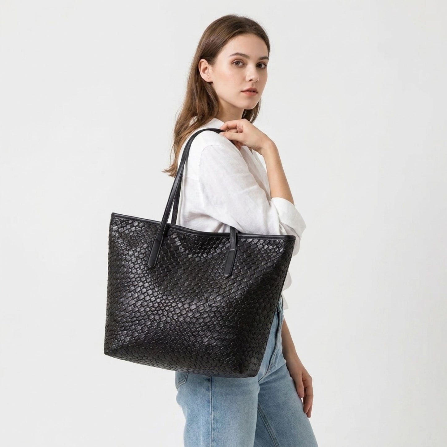 Woven Tote Bag Large Shoulder Handbag with Zipper Closure and Interior Pocket