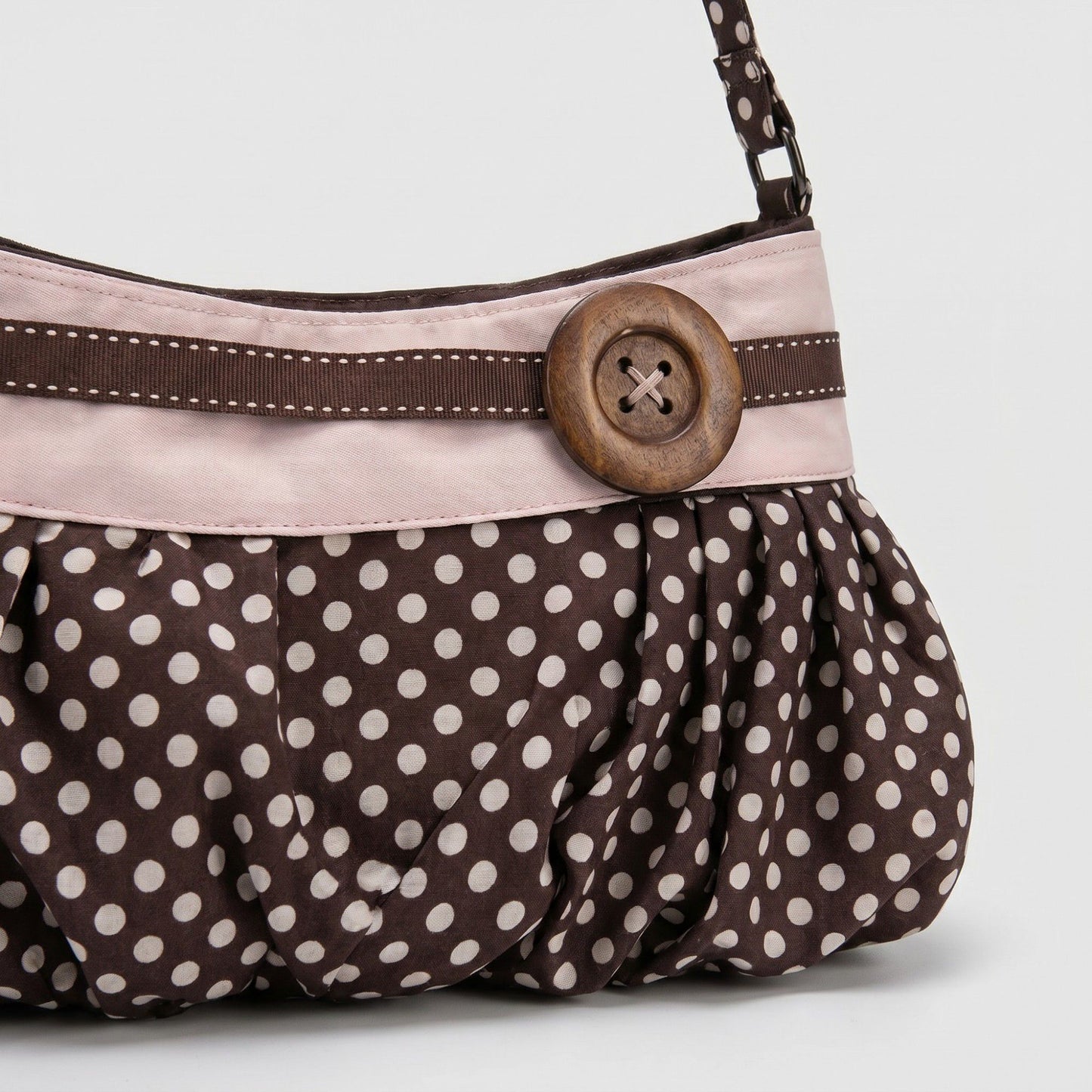 Polka Dot Slouch Shoulder Bag with Oversized Button Accent Pleated Silhouette Retro Inspired Handbag 12x7x0.4 in