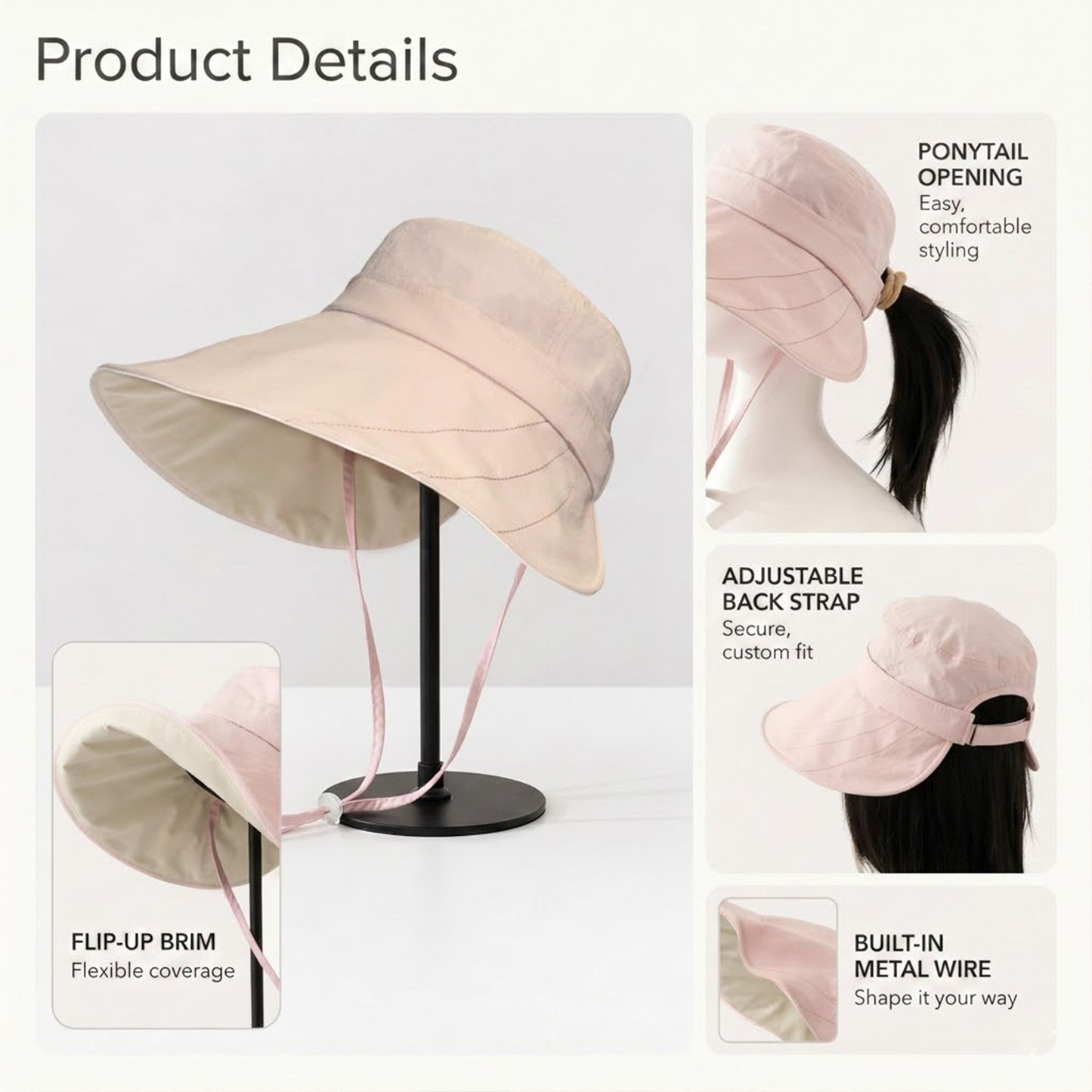 Wide Brim Bucket Sun Hat Adjustable Chin Strap UV Protection Packable Outdoor
