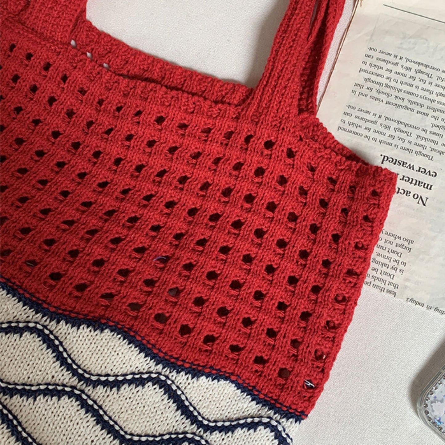 Crochet Knit Tote Bag with Openwork Design and Wave Pattern