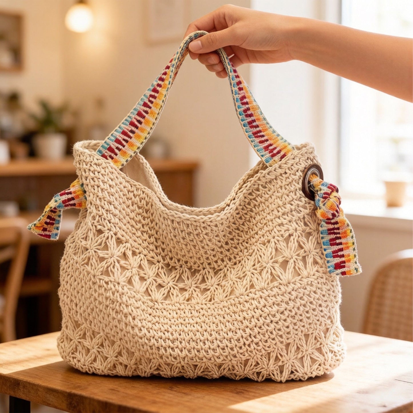 Crochet Shoulder Bag with Woven Strap Textured Knit Hobo Handbag Slouchy Boho Tote Lightweight Everyday Carryall