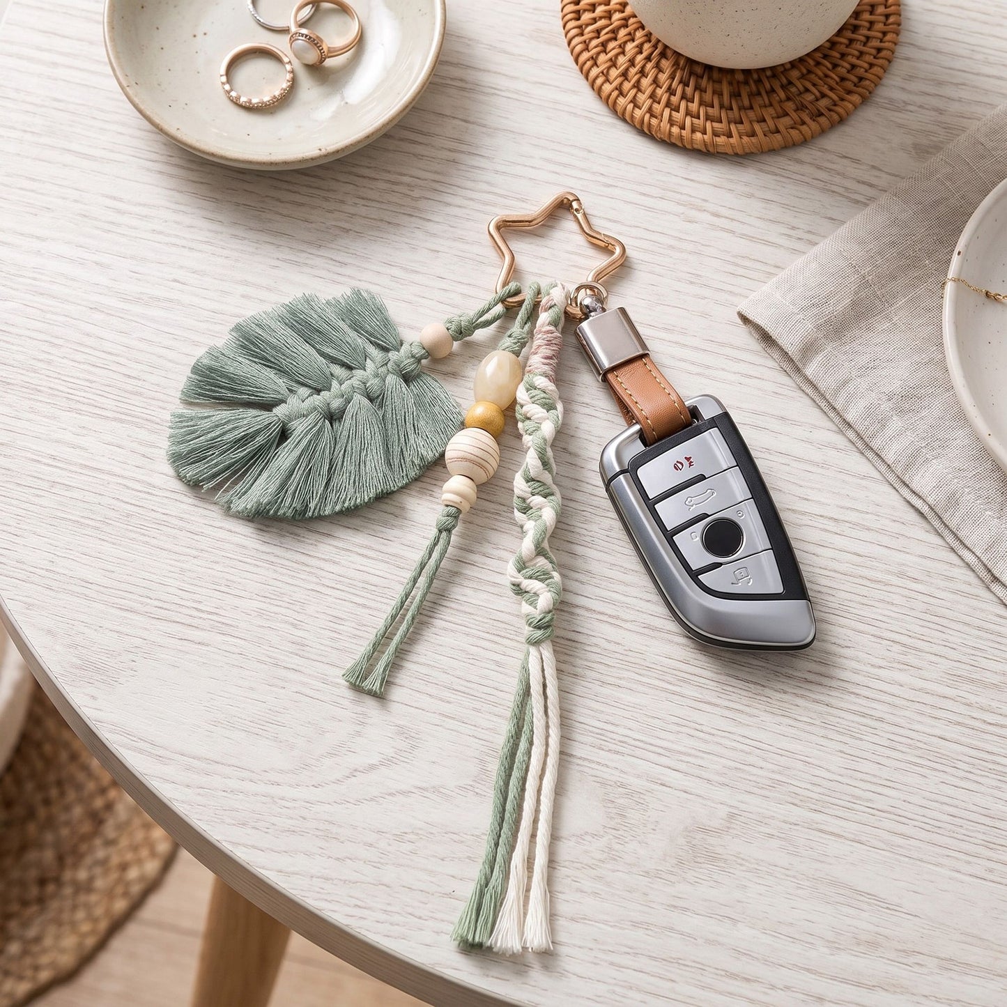 Green Macrame Leaf Bag Charm with Beads Braided Tassel and Star Clip