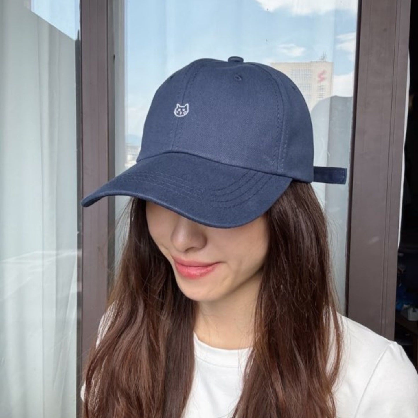 Embroidered Cat Face Baseball Cap with Curved Brim and Adjustable Strap