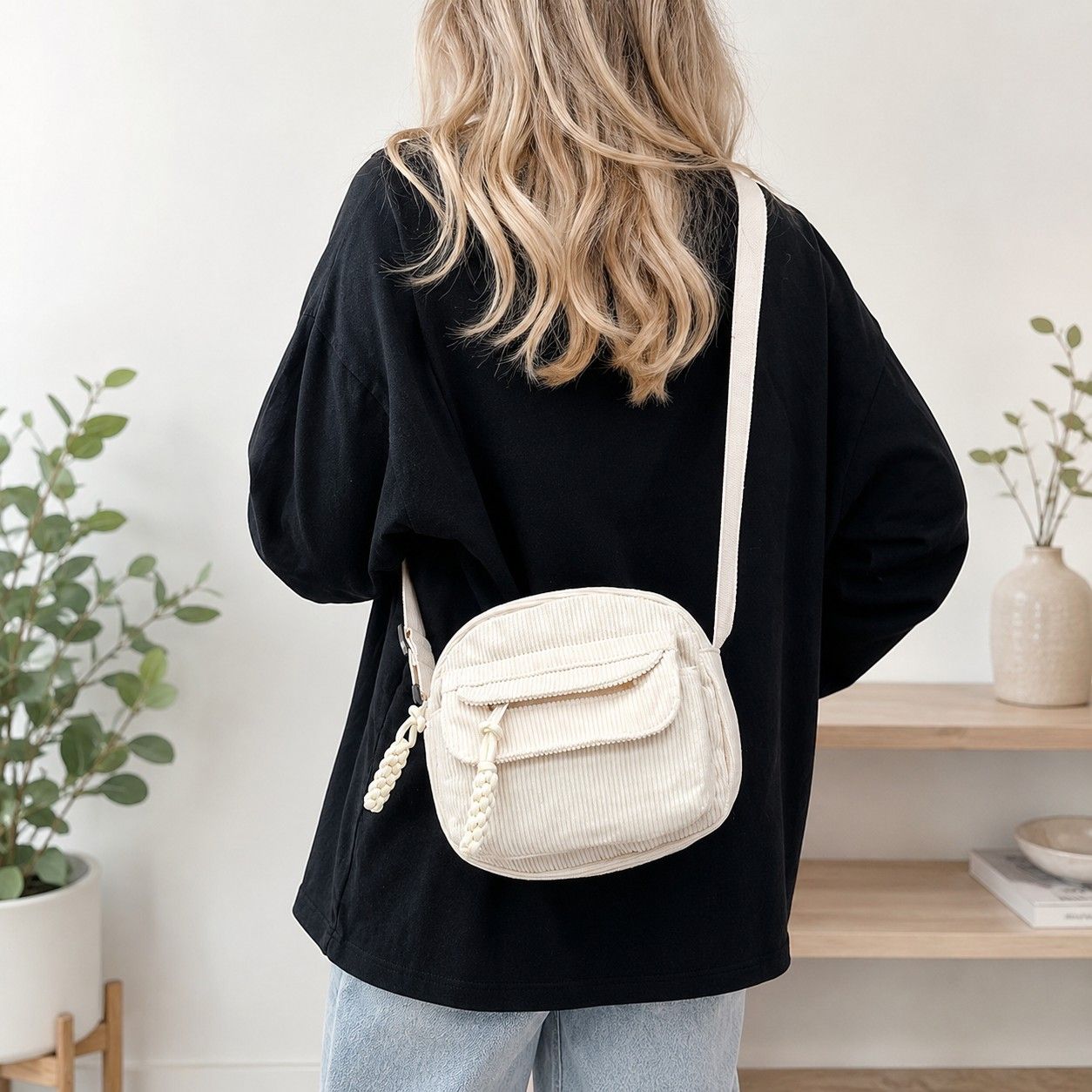 Corduroy Crossbody Bag with Front Pocket Adjustable Strap and Zip Closure