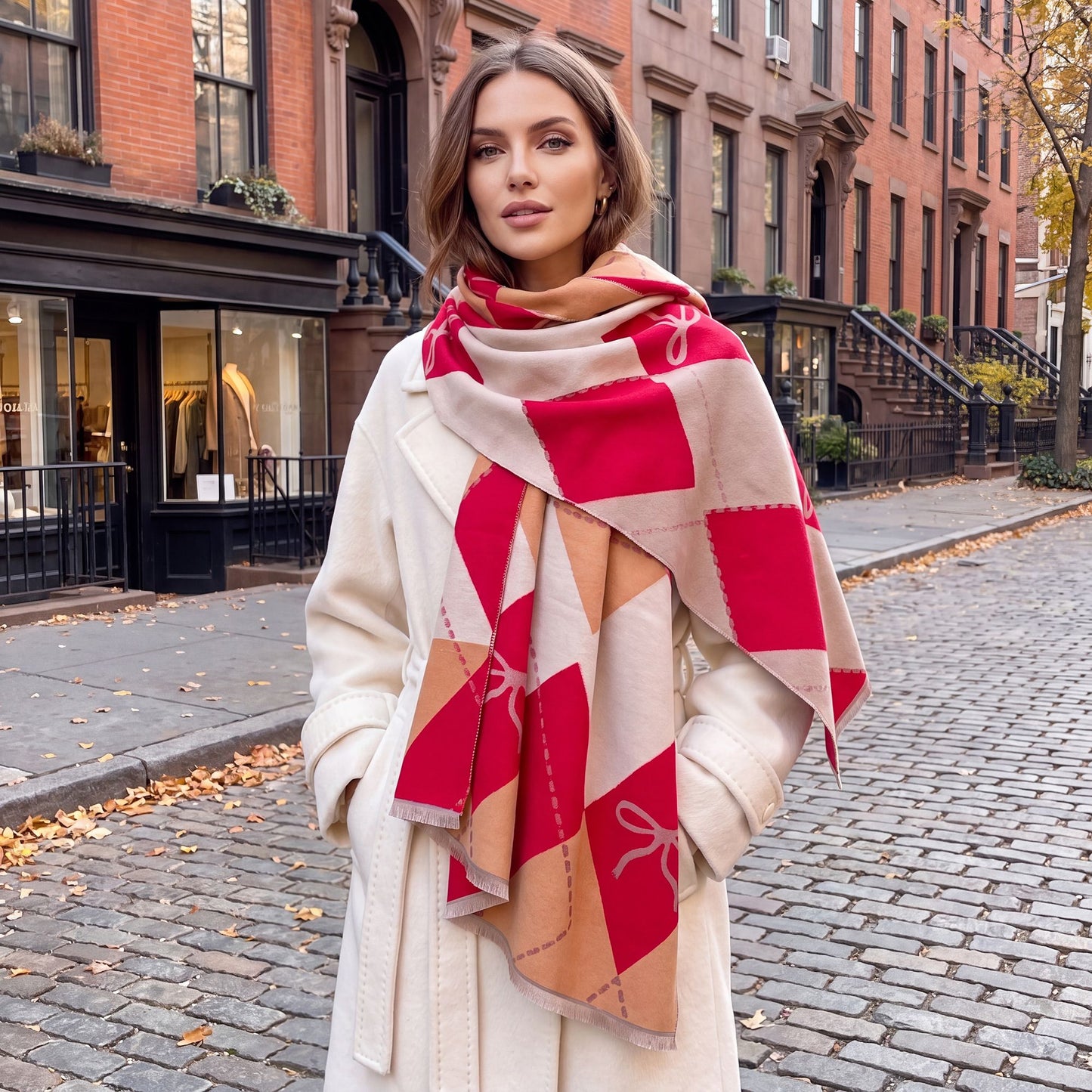 Argyle Bow Print Oversized Scarf Soft Wrap Shawl with Fringe Edge 70.8*25.6 Inches