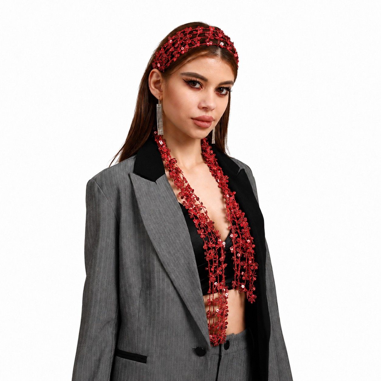 Sequin Floral Skinny Scarf Mesh Neck Wrap