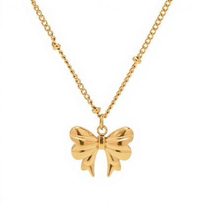 Bow Pendant Necklace with Sculpted Ribbon Charm Minimalist Chain Jewelry