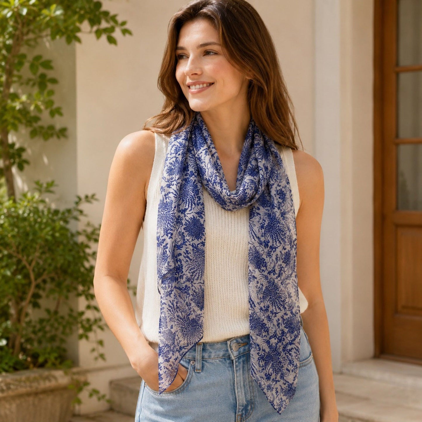 Lightweight Abstract Floral Sheer Long Scarf