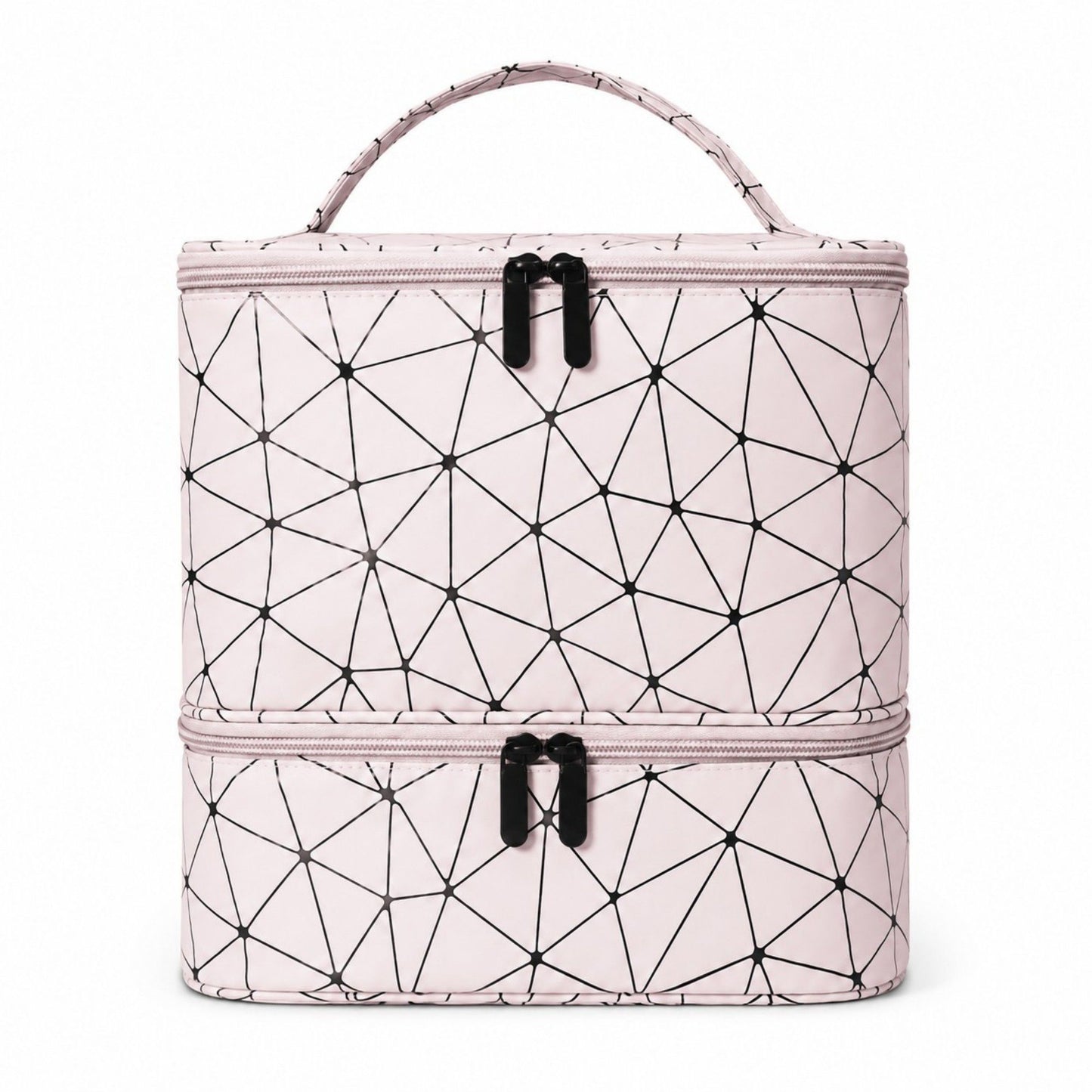 Two-Tier Cosmetic Organizer Bag with Geometric Print Dual Zippers Carry Handle and Interior Pockets