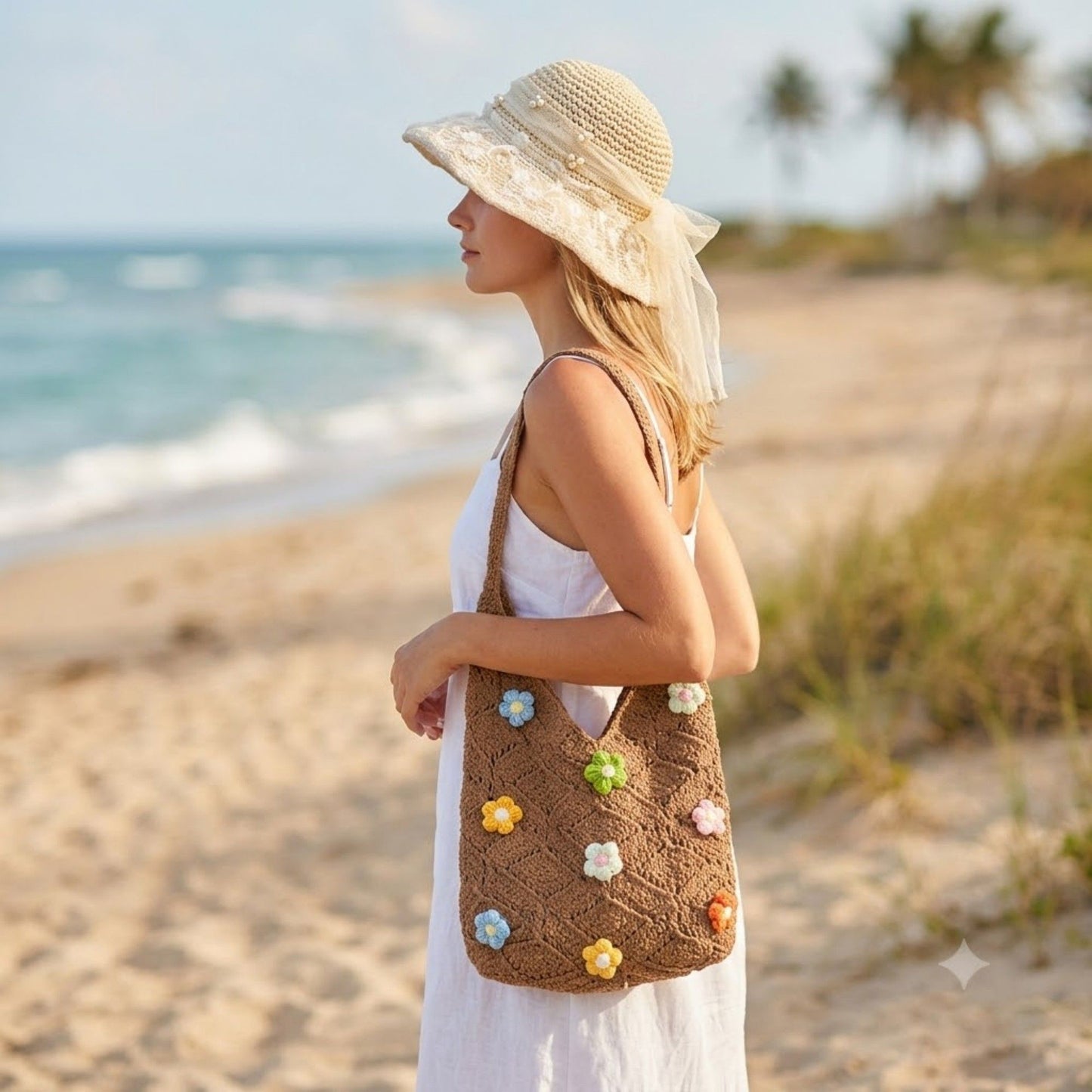 Women's Crochet Woven Shoulder Bag with Floral Applique Open Knit Hobo Design