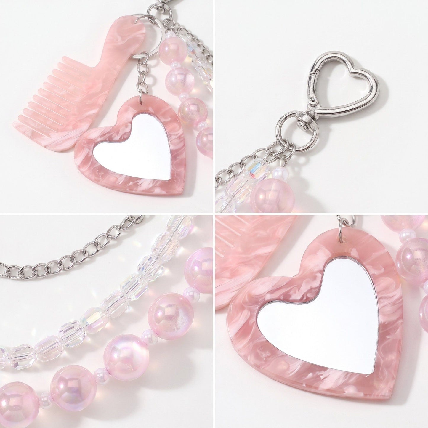 Layered Beaded Bag Charm Chain with Heart Mirror and Mini Comb