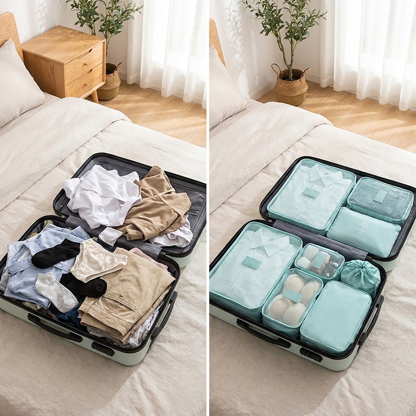 Travel Packing Organizer Set with Mesh Cubes Drawstring Bag Zipper Pouch Lightweight Storage Set